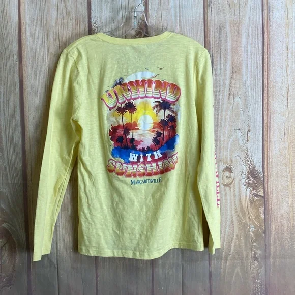 💵Margaritaville Yellow VNeck Long Sleeve Tee with Pink Accents Size Medium - Picture 5 of 9